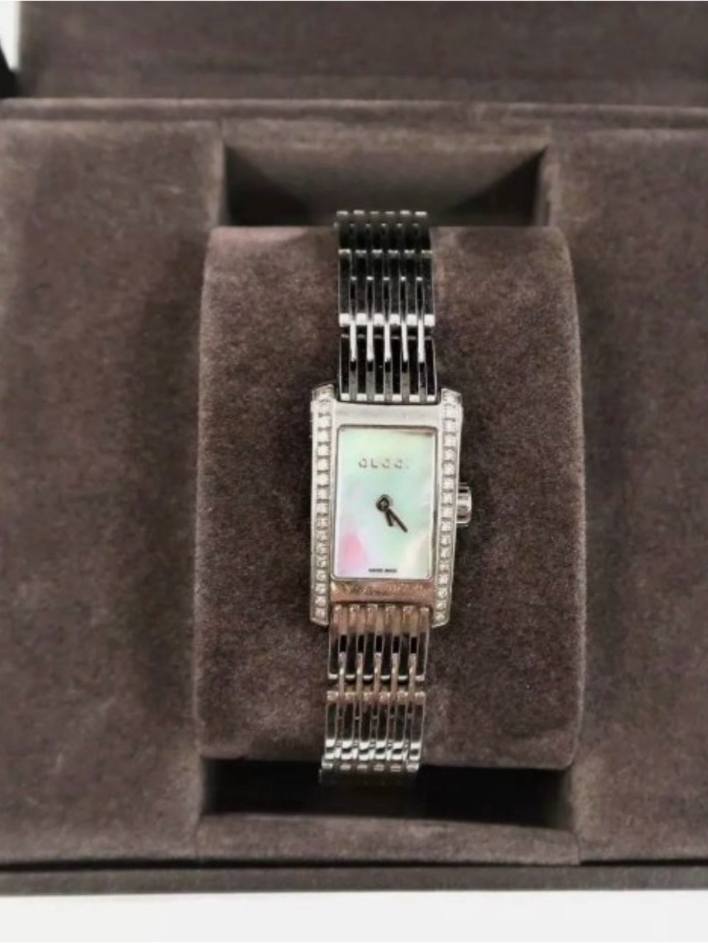 Gucci Silver Mother-of-Pearl Rectangular Bracelet Watch